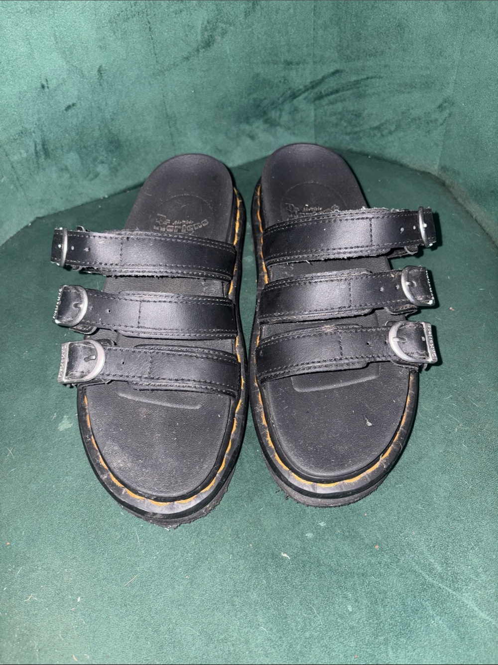 Dr. Martens Black Triple Buckle Slide Sandals with Yellow Stitching